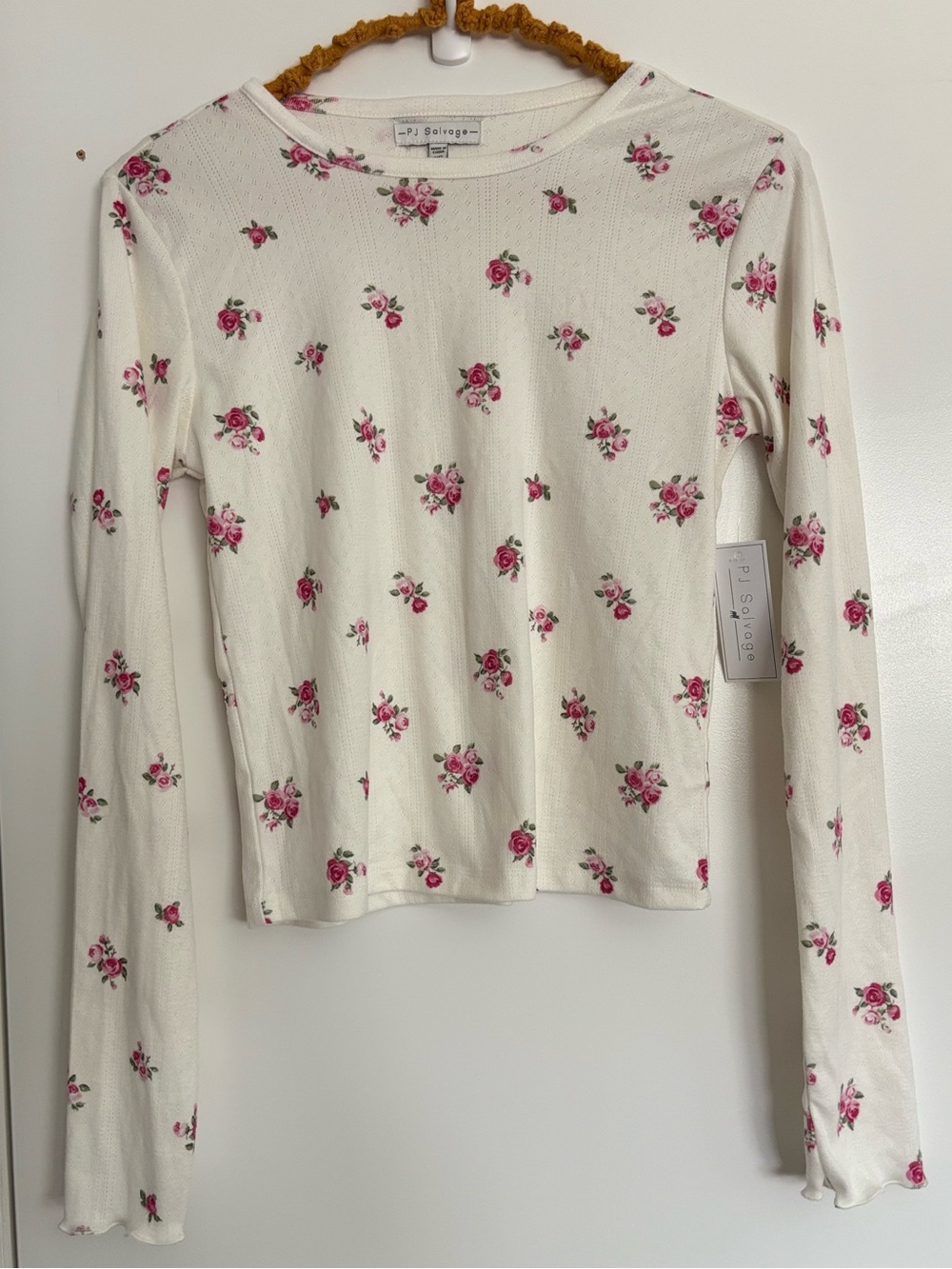 PJ Salvage Soft Long Sleeve Lounge Shirt White Pink Floral XS Pajama Top Casual